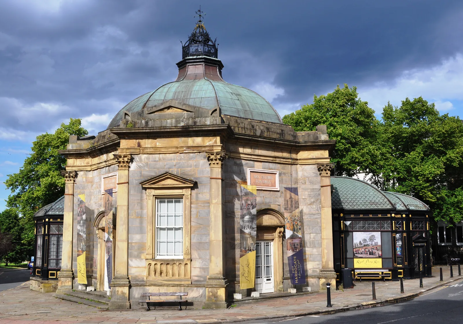 The domed Royal Pump Room in Harrogate under a stormy sky