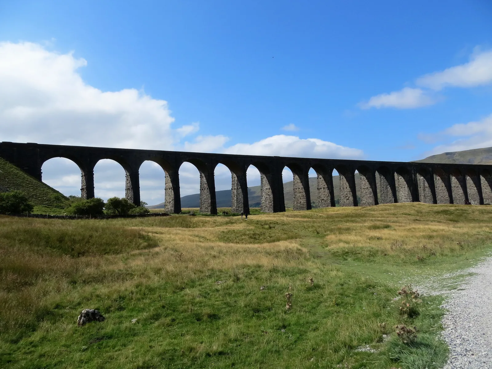 The stone arches of Ribblehead Viaduct crossing open moorland under a blue sky